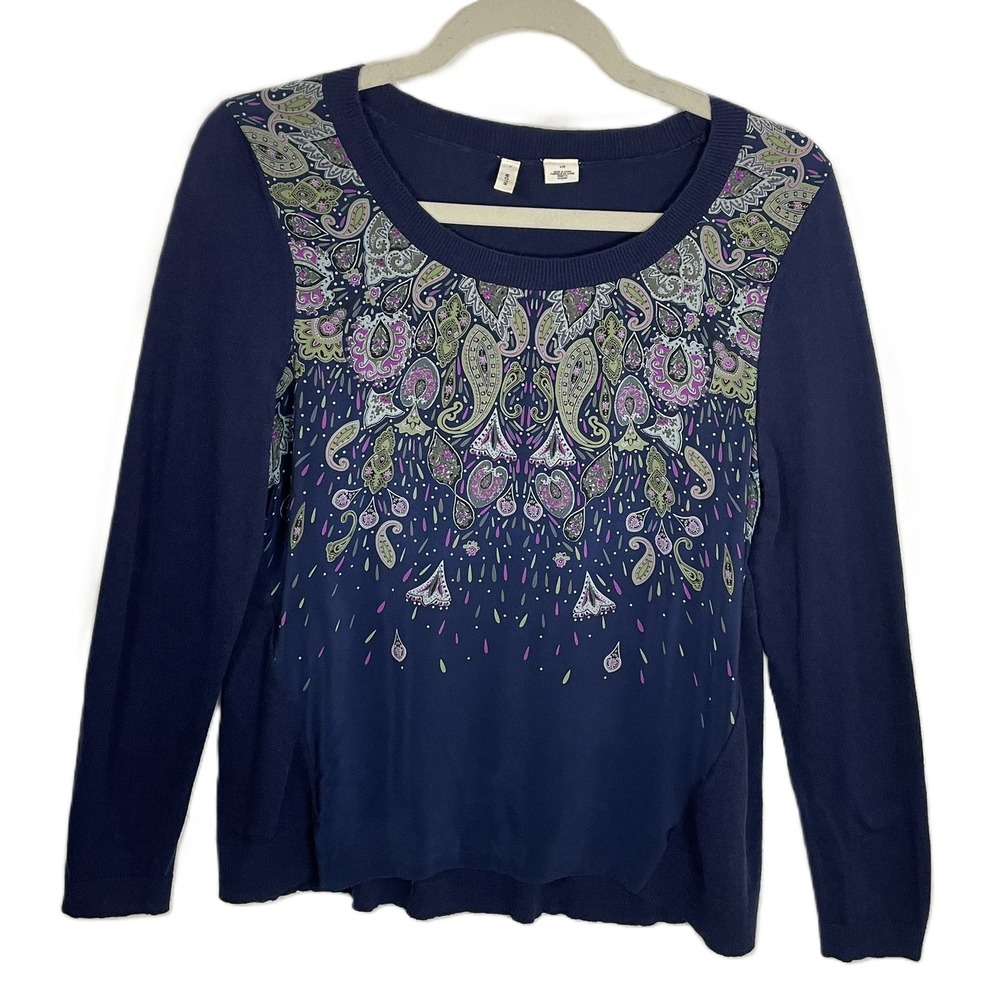 Anthropologie‎ Moth Navy Blue Paisley Silk Front Pullover Sweater Womens Large